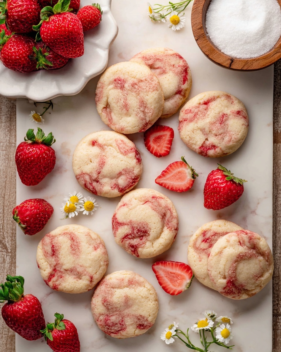 The image shows nine round, soft-looking cookies with a light beige base color mixed with swirls of red, giving them a marbled texture, spread out on a white marbled surface. Scattered among the cookies are whole and sliced strawberries, bright red with green leafy tops, adding vibrant color contrast. Small white and yellow chamomile flowers lie gently between the cookies, adding a delicate and fresh touch. In the top left corner, a white scalloped-edged plate holds several whole strawberries, while a white bowl with a wooden rim filled with white sugar sits in the top right corner. photo taken with an iphone --ar 4:5 --v 7
