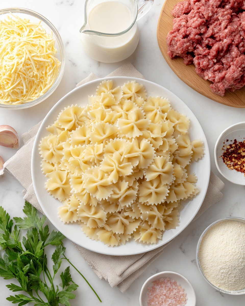 A white plate filled with a single layer of dry bowtie pasta, the pale yellow pieces showing their ruffled edges and pinched centers, placed on a beige cloth napkin. Around the plate on a white marbled surface, there are various ingredients: a glass bowl with light yellow shredded cheese on the left, a small clear glass pitcher of white cream behind the cheese, a glass bowl with raw ground meat on a light wood board in the top right corner, a small white bowl filled with fine white powder, another small white bowl with red chili flakes, a whole garlic bulb and garlic clove near the bottom right, a small clear bowl with pink salt, and a sprig of fresh green parsley. Photo taken with an iphone --ar 4:5 --v 7