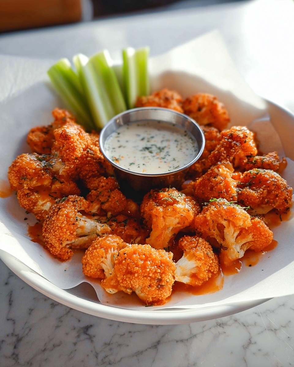 The dish shows many small cauliflower pieces covered in bright orange sauce, arranged in a circle on a white plate lined with white paper. In the center, there is a small metal cup filled with a creamy white dipping sauce with visible herb bits. Behind the cup, green celery sticks peek out slightly. The cauliflower pieces have a rough texture with some seasoning sprinkled on top and visible sauce drips. The plate sits on a white marbled surface with soft warm light highlighting the colors. photo taken with an iphone --ar 4:5 --v 7