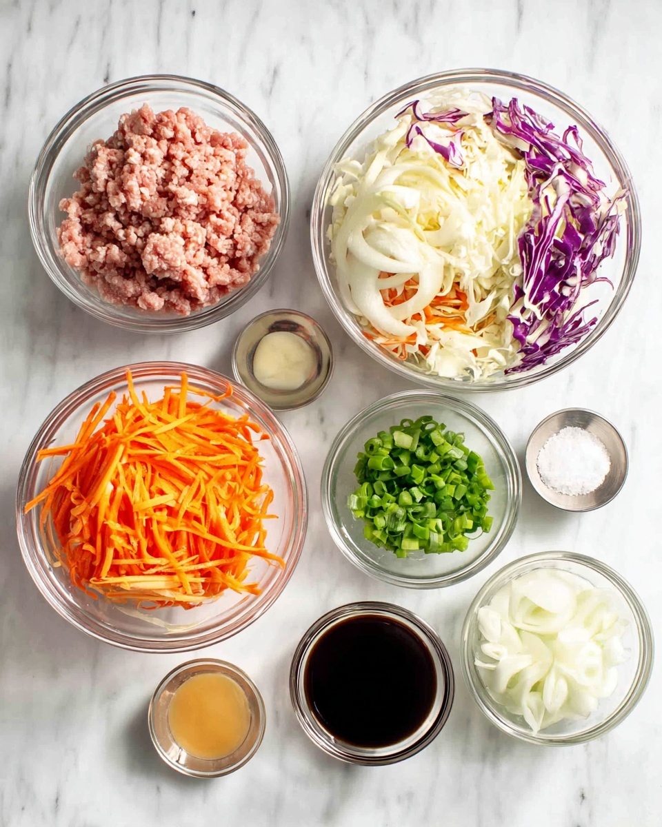 A top view of seven clear glass bowls placed on a white marbled surface, each filled with a different ingredient: one large bowl filled with mixed shredded white and purple cabbage and thin orange carrot strips; another large bowl with raw ground meat, pink and finely crumbled; a smaller bowl with sliced white onion pieces, curved and translucent; one bowl with chopped green onions, bright and fresh; a small bowl with minced garlic, creamy white; another small bowl with light brown liquid, smooth and shiny; a tiny bowl with white salt crystals; and a medium-sized bowl with dark soy sauce, rich and glossy. Photo taken with an iphone --ar 4:5 --v 7