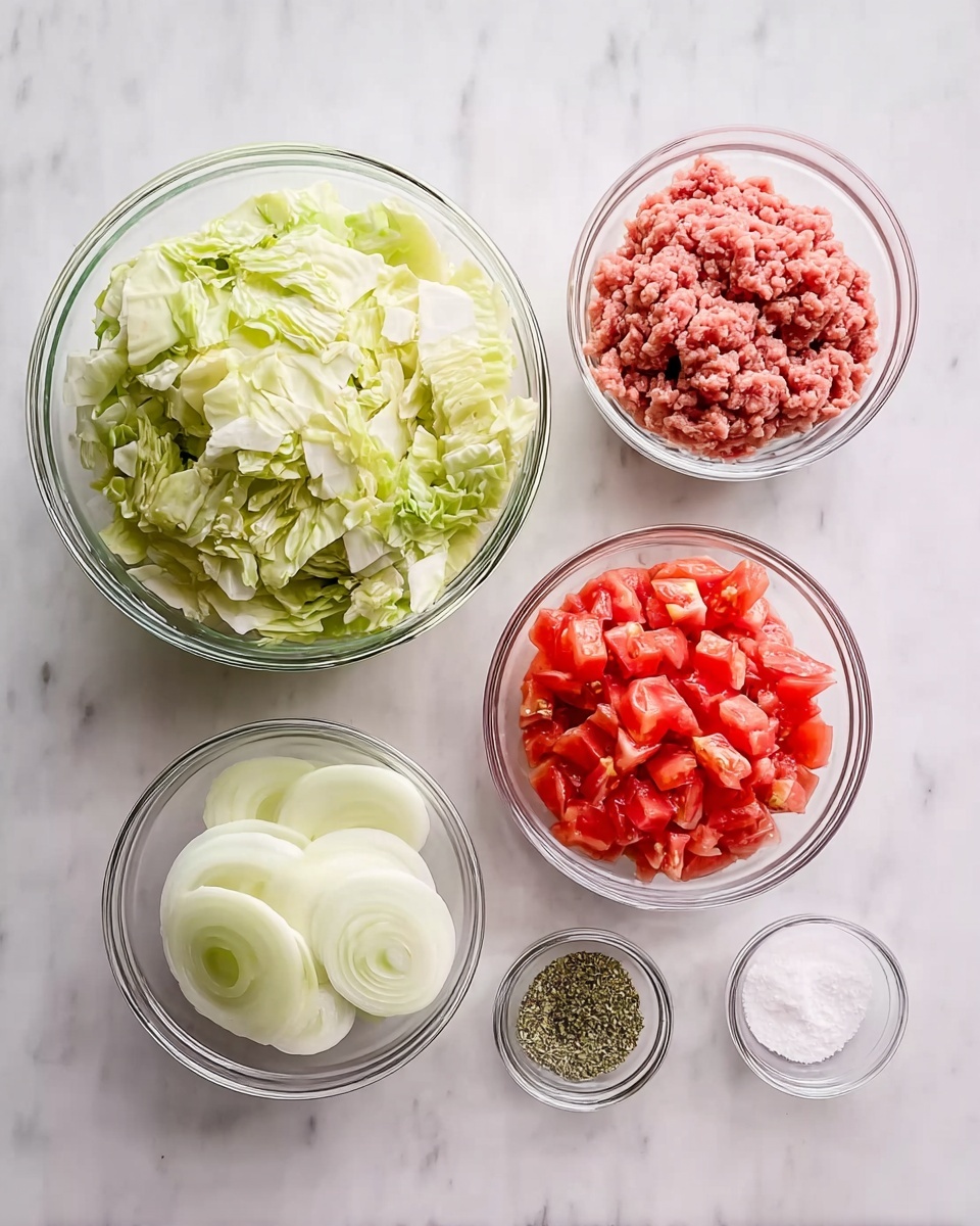 The image shows five clear glass bowls placed on a white marbled surface. The largest bowl on the top left is filled with chopped light green cabbage with white ribs. To its right is a medium bowl with raw ground meat in a soft pink color and a coarse texture. Below the cabbage bowl, on the left, there is a small bowl holding thick slices of white and light yellow onion. In the center bottom, a medium bowl contains bright red diced tomatoes with some juice showing a slightly chunky texture. To the right of the tomato bowl, there are three small clear bowls: the first has finely ground mixed herbs in green, the second holds light green dried herbs, and the third has plain white salt. Photo taken with an iphone --ar 4:5 --v 7