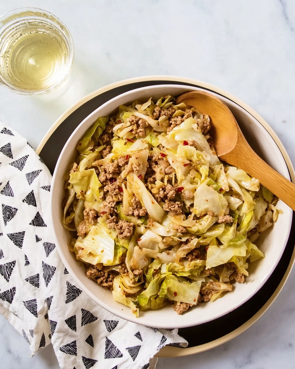 A white bowl filled with cooked cabbage and ground meat mixed together, showing layers of soft, light green cabbage pieces and brown crumbly ground meat with small bits of red seasoning. A wooden spoon rests inside the bowl on the right side, partially covered by the food. The bowl sits on a white plate with a dark border on a white marbled surface. To the top left of the bowl, there is a clear glass with light-colored liquid, and a white cloth with black triangle patterns is placed on the bottom left corner. Photo taken with an iphone --ar 4:5 --v 7