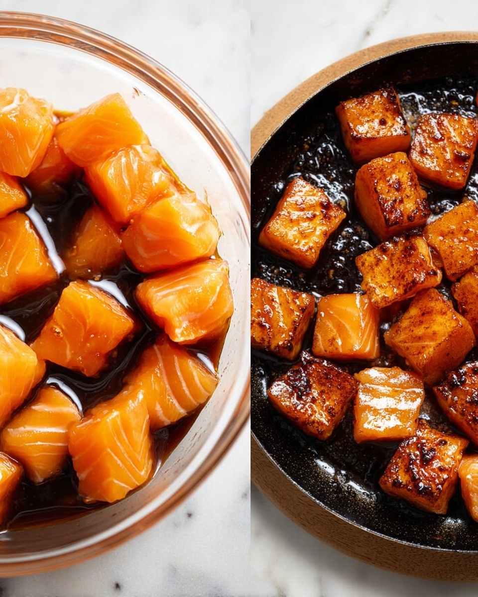 A clear glass bowl filled with bright orange cubes of raw fish, each piece coated in a dark brown sauce that pools at the bottom, giving a shiny and wet look. Next to it, a close-up view of several golden-brown cooked fish cubes with slightly charred edges sitting in a black pan, the texture showing a crispy outside while still moist inside, with some glistening sauce visible between pieces. The scene is set on a white marbled texture. photo taken with an iphone --ar 4:5 --v 7