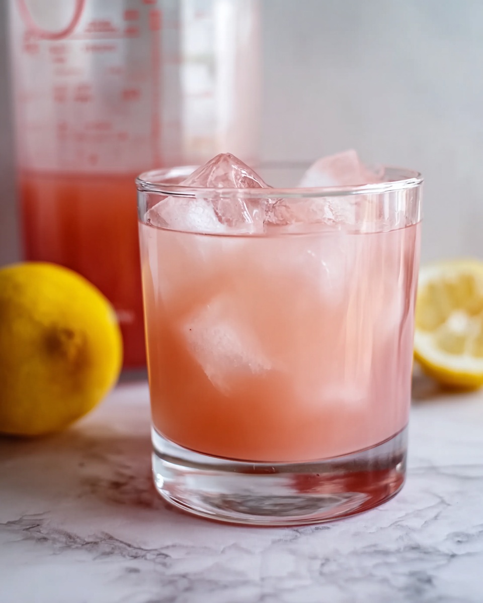 A short clear glass filled with a light pink drink and several large ice cubes inside, showing smooth, slightly frothy texture and a chilled look. Behind, a clear measuring cup has some pink liquid inside, and a yellow half lemon sits next to the glass on a white marbled surface. The background is plain and light, focusing on the refreshing drink. Photo taken with an iphone --ar 4:5 --v 7