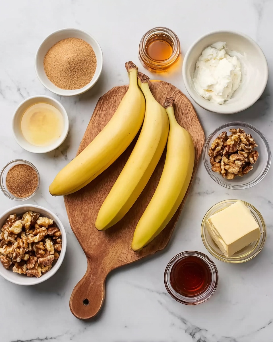 The image shows a top view of several ingredients placed on a white marbled surface. At the center, three yellow bananas lie on a wooden cutting board. Around the board, there are small white bowls containing different ingredients: one bowl with light brown sugar, another with a creamy white substance, a bowl with halves of walnuts, and a small glass bowl with a yellow block of butter. There are also two small glass containers, one with honey and the other with a dark brown liquid, and a tiny bowl with brown powder. The overall setup looks neat and organized. photo taken with an iphone --ar 4:5 --v 7