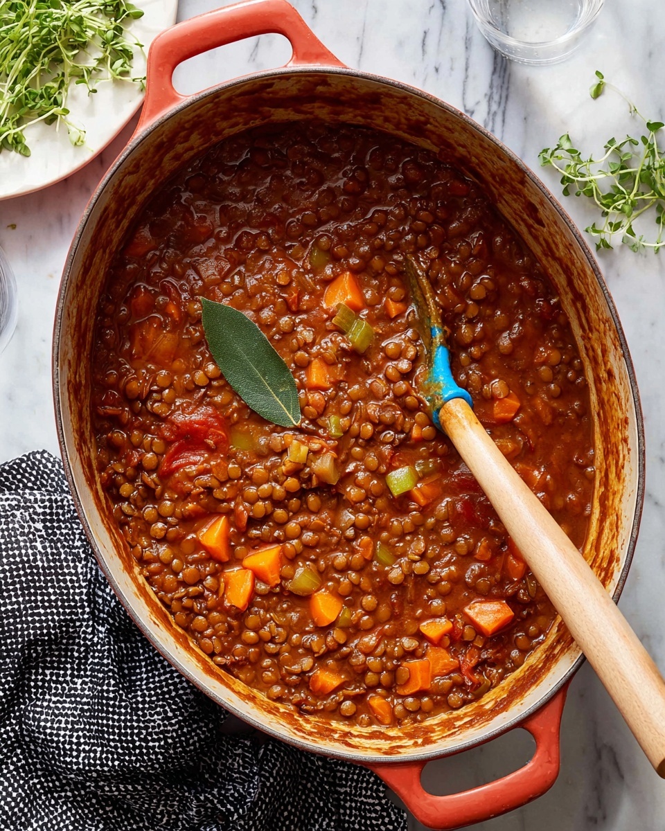 A red oval pot filled with thick lentil stew is shown from above. The stew has many small round lentils in a deep reddish-brown sauce, with visible chunks of orange carrot, red tomato, and light green celery pieces. A dark green bay leaf sits on top near the center. A wooden spoon with a blue silicone tip is resting inside the stew, its handle angled towards the top of the pot. The pot is on a white marbled surface, with a white plate holding fresh green herbs nearby on the right, and a black and white checkered cloth partially under the pot on the bottom left. Photo taken with an iphone --ar 4:5 --v 7