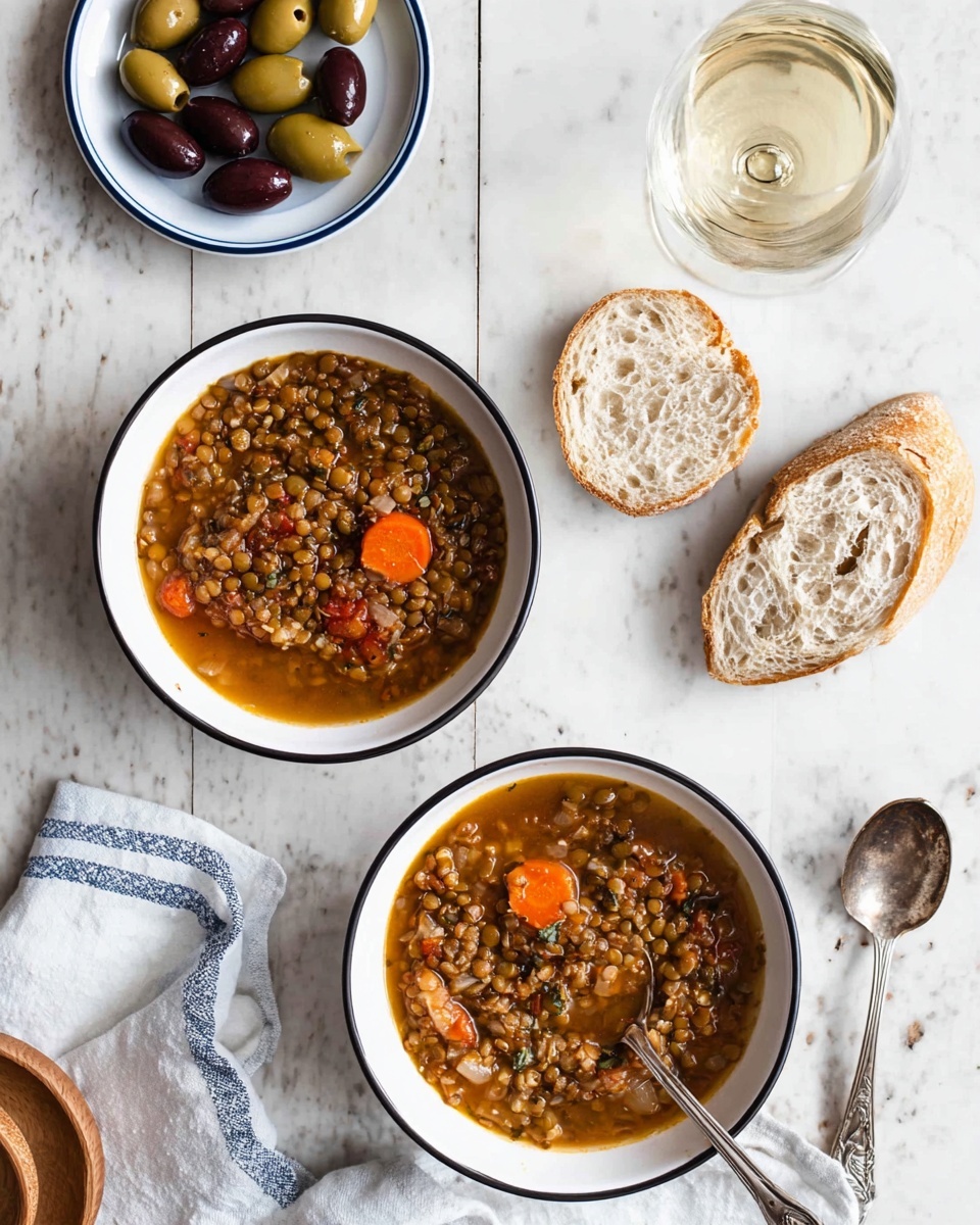 The image shows two white bowls with a black rim filled with a warm lentil soup, each bowl containing a thick layer of brown lentils, slices of orange carrot, and visible bits of cooked onion and tomato in a light brown broth. One bowl is near the bottom left and the other near the middle right, with the latter having a silver spoon resting inside. Two pieces of light brown crusty bread with soft, slightly holey interiors are placed near the right bowl, one slice thinner and upright and the other thicker and flat. Above the bottom bowl is a small white plate with a dark mix of olives in shades of deep purple, brown, and black. A clear glass filled with pale white wine is at the top middle right. The background is a white marbled texture, and a silver spoon with a detailed handle lies next to the bottom bowl. A white cloth with blue edging can be seen on the bottom right corner. Photo taken with an iphone --ar 4:5 --v 7
