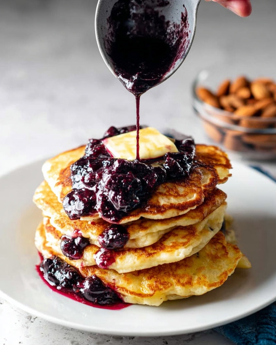 A tall stack of six golden-brown pancakes is placed on a white plate on a white marbled surface. The pancakes have slightly uneven edges with some darker, crispier spots. On top of the stack, there is a melting square of light yellow butter. Dark purple blueberry sauce with whole blueberries is being poured over the stack from a gray ladle held by a woman's hand. The sauce drips down the sides of the pancakes, pooling slightly at the base. In the background, there is a blurred glass bowl filled with brown almonds. photo taken with an iphone --ar 4:5 --v 7