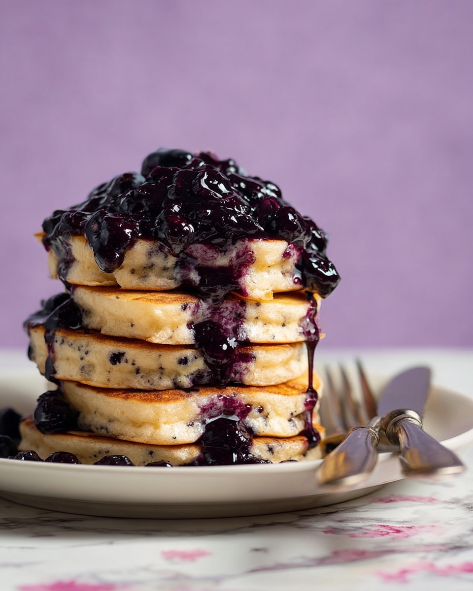A stack of four thick, light beige pancakes with visible small dark specks, each layer evenly thick and fluffy. Dark purple blueberry sauce with whole blueberries sits thickly on top, dripping down the sides in glossy streams. The stack is placed on a round white plate with a fork and knife beside it. The background is a soft purple with a white marbled surface under the plate. photo taken with an iphone --ar 4:5 --v 7