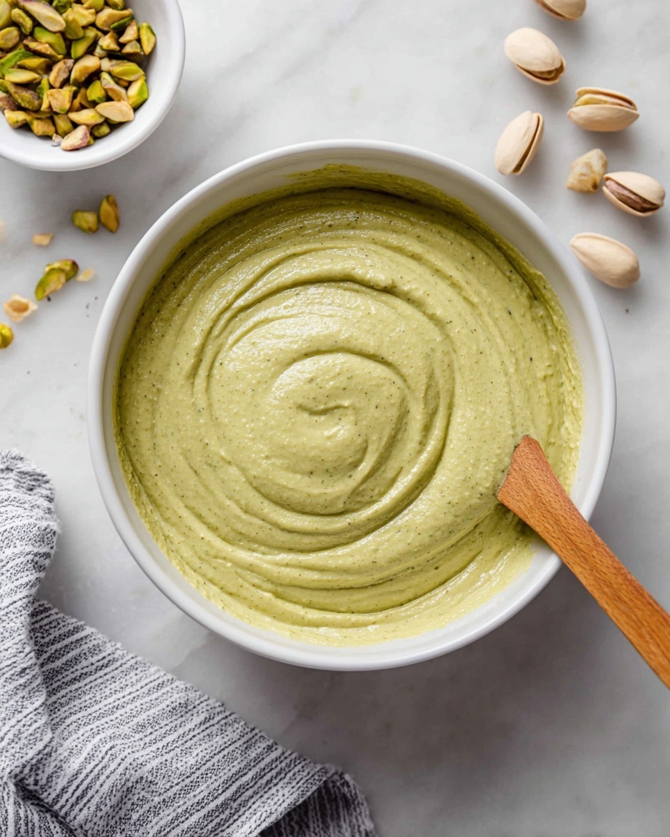 A white bowl filled with smooth, thick pale green mix that looks creamy and slightly textured with tiny dark specks. The mix is swirled in the bowl, showing circular patterns from stirring. On the right side, a wooden spoon is partly dipped into the mix, with some of it clinging to the spoon. Around the bowl, there are some pistachios both in a small white dish to the upper left and loose on the white marbled surface. A corner of a grey and white striped cloth is at the bottom left. The overall scene is bright and clean. photo taken with an iphone --ar 4:5 --v 7