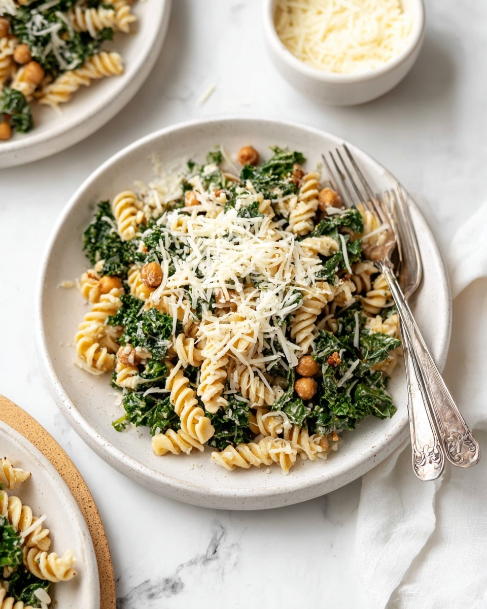 The image shows a white plate filled with three layers of rotini pasta, mixed with green kale leaves and small brown chickpeas, all coated lightly in a creamy sauce. On top of the pasta mix, there is a generous layer of shredded white cheese scattered evenly. The plate sits on a white marbled surface, and beside it is a small white bowl with more shredded cheese inside. Two vintage silver forks lie next to the plate, and part of another plate with similar pasta can be seen in the bottom left corner. Photo taken with an iphone --ar 4:5 --v 7