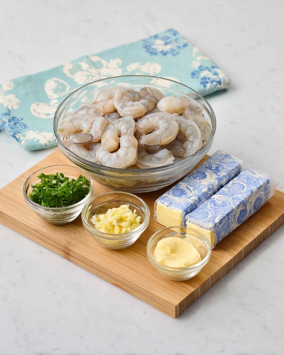 A clear glass bowl filled with raw, peeled shrimp showing a pale pink and gray color sits on a wooden cutting board. In front of the shrimp are three small clear glass bowls, one with chopped green parsley, one with light yellow minced garlic, and the last with a creamy yellow mustard sauce. To the right of these bowls, two sticks of butter wrapped in blue and white paper rest on the cutting board. The board is placed on a white marbled surface with a light blue cloth featuring white floral designs behind it. photo taken with an iphone --ar 4:5 --v 7