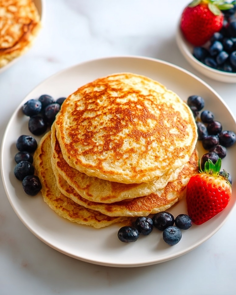A white plate sits on a white marbled surface, holding a neat stack of four golden brown pancakes with soft, lightly textured tops. On the right side of the pancakes, there are several fresh blueberries clustered together and a half of a bright red strawberry with the green top still attached. The colors are warm and inviting, with a natural light softly highlighting the pancakes and fruit. Photo taken with an iphone --ar 4:5 --v 7