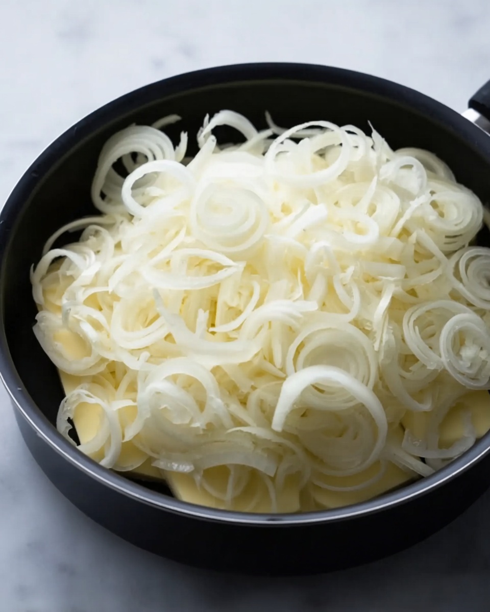 A black pan filled with a layer of wafer-thin light yellow slices of butter at the bottom, topped with a thick pile of thinly sliced white onions, which have a slightly translucent look. The onion layers are curly and piled high, filling the center of the pan with a soft, delicate texture. The scene is set on a white marbled surface. Photo taken with an iphone --ar 4:5 --v 7