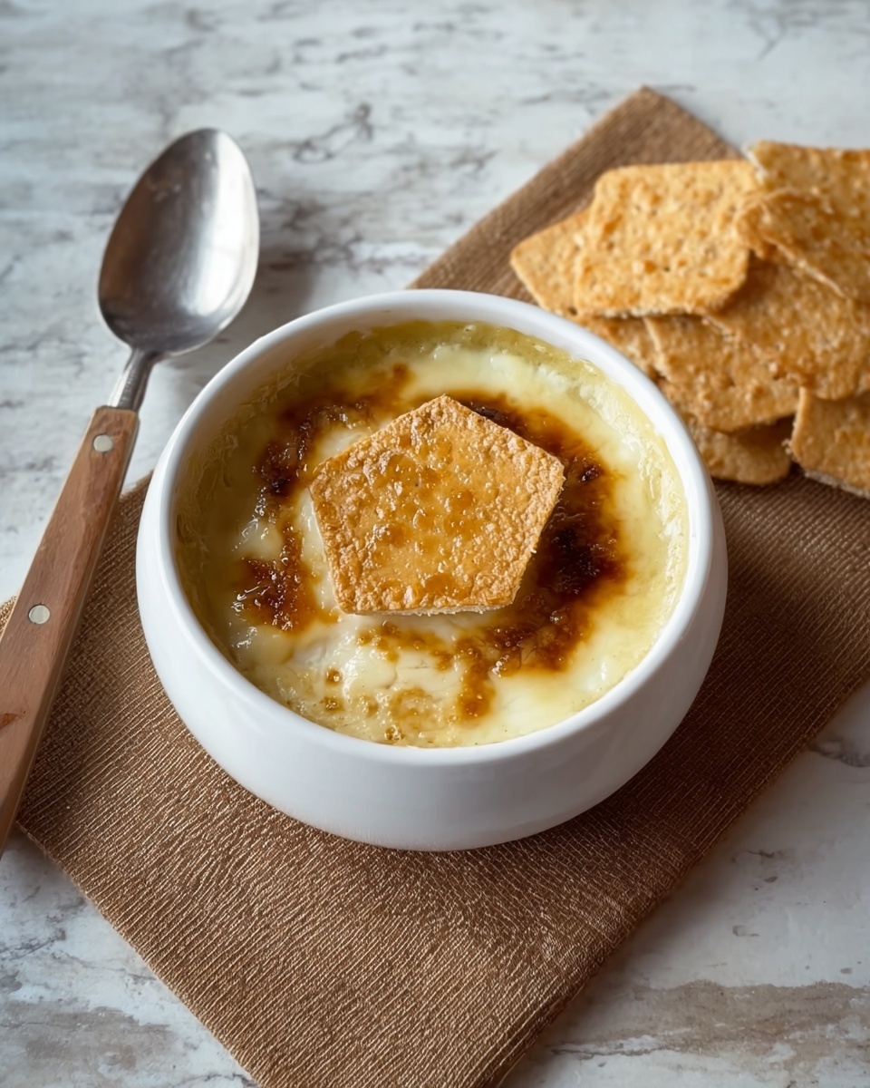 The image shows a white bowl filled with a creamy, light yellow soup topped with a slightly browned layer of melted cheese, which has a rough, bubbly texture. A hexagonal, crisp cracker sits in the middle on top of the cheese layer. The bowl rests on a rough-textured brown mat on a white marbled surface. To the right, there are a few more light golden hexagonal crackers stacked loosely. To the left, a spoon with a silver head and a wooden handle lies on the brown mat. photo taken with an iphone --ar 4:5 --v 7