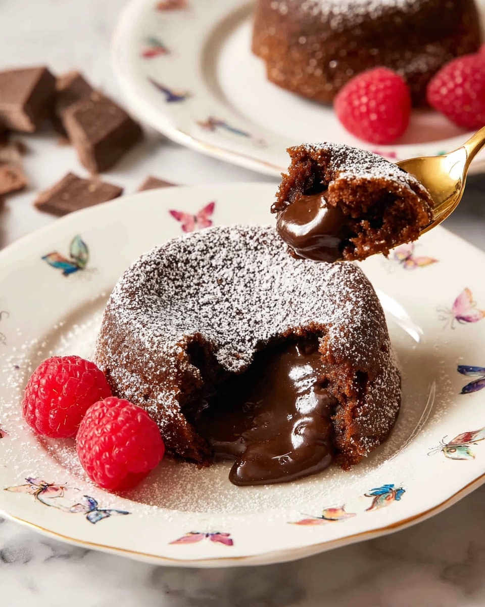 A round chocolate lava cake sits in the center of a white plate decorated with small, colorful butterflies. The cake is dusted with powdered sugar, and its side is broken to reveal warm, melted chocolate flowing out smoothly. Two bright red raspberries are placed to the left of the cake on the plate. Above the cake, a golden spoon holds a piece of the cake with a rich, shiny, melted chocolate interior. In the background, another similar white plate with a whole lava cake and raspberries is partially visible on a white marbled surface, along with scattered pieces of chocolate and raspberries. photo taken with an iphone --ar 4:5 --v 7