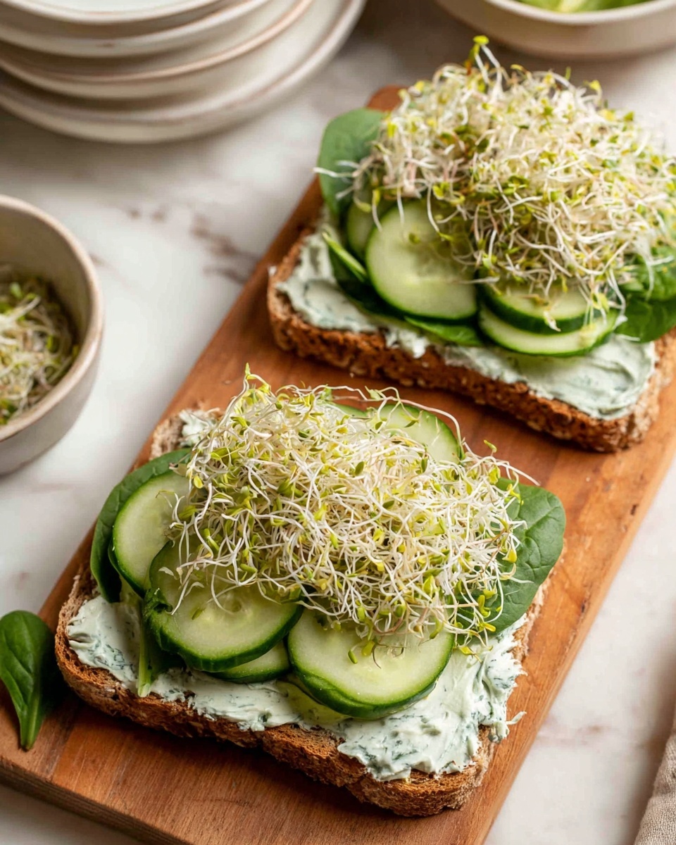 The image shows two open-faced sandwiches on a wooden board, each made with a slice of brown whole grain bread spread with a creamy green herb mixture as the base layer. On top of the spread, there are thin slices of cucumber arranged in overlapping layers, followed by bright green spinach leaves. The sandwiches are finished with a large pile of white alfalfa sprouts with light brown tips, creating a tall, textured layer. The background is a white marbled surface with various empty white plates and bowls partially visible around the edges. photo taken with an iphone --ar 4:5 --v 7