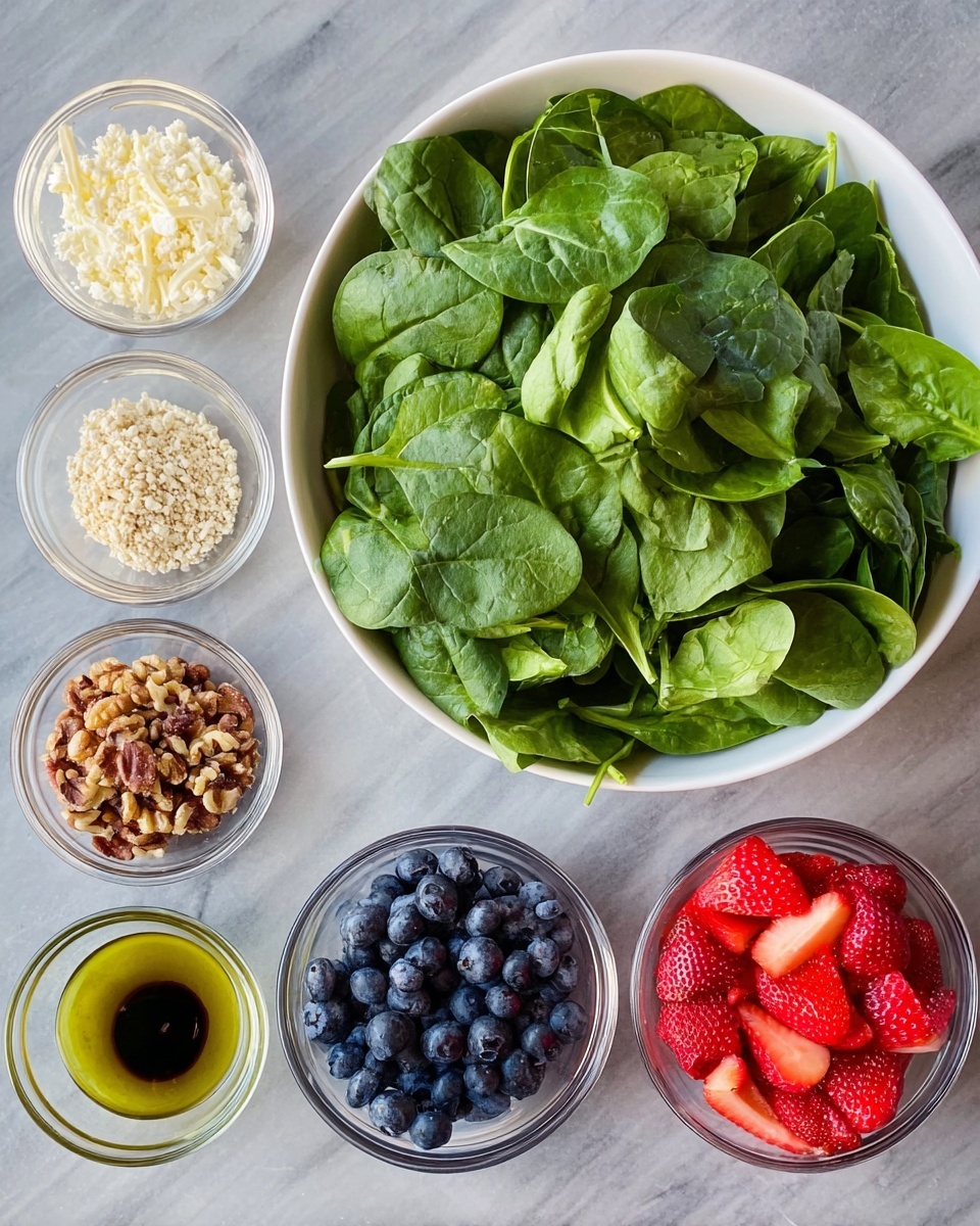 A large white bowl filled with fresh, bright green spinach leaves showing a mix of light and dark green shades and smooth, round textures. Next to it are six small clear bowls arranged in two columns on a white marbled surface. The top left bowl contains light beige crumbled cheese with a crumbly texture. Below it, there are dark brown chopped nuts with rough edges. The bottom left bowl holds dark brown balsamic vinegar with a shiny and smooth surface. On the right side, the top bowl is filled with small, round, dark blue blueberries, and below that is a bowl with bright red strawberry pieces showing some white inner parts. The last bowl at the bottom right contains light yellow olive oil with a clear smooth shine. Everything is carefully arranged for a neat and colorful presentation photo taken with an iphone --ar 4:5 --v 7