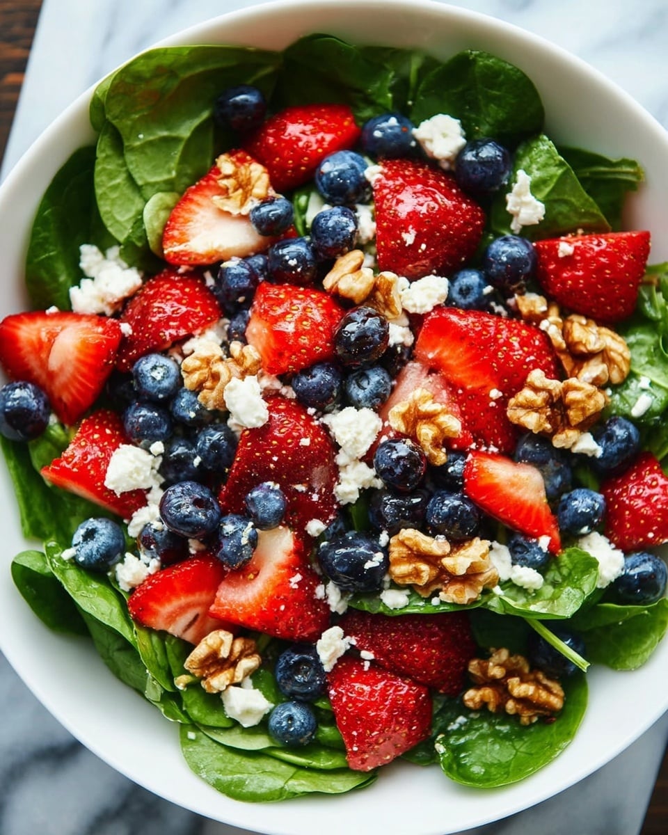 A close-up view of a fresh salad in a white bowl. The salad has a bottom layer of bright green spinach leaves that look fresh and soft. On top of the spinach, there are many bright red strawberry halves, plump blue blueberries, small chunks of white cheese, and rough pieces of brown walnuts scattered all over. The colors are bright and fresh, with the red strawberries and blue blueberries standing out against the green spinach and white cheese. The bowl sits on a white marbled surface. photo taken with an iphone --ar 4:5 --v 7
