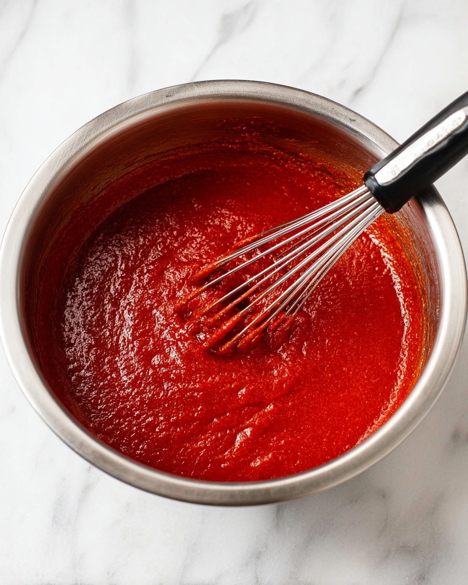 A shiny silver metal bowl filled with thick bright red sauce that has a smooth but slightly textured surface. Inside the bowl, a whisk with a black and silver handle is lifting some of the sauce, showing its thick consistency. The bowl is placed on a white marbled surface. photo taken with an iphone --ar 4:5 --v 7