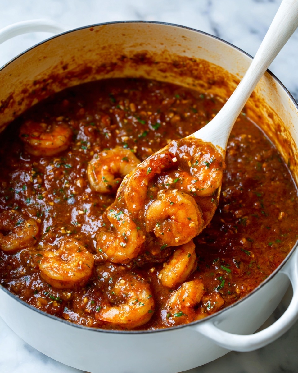 The image shows a white pot filled with thick, rich reddish-brown sauce with herbs and spices mixed inside. There are several large, plump shrimp, orange and slightly shiny, coated in the sauce and scattered throughout the pot. A white spoon inside the pot holds one shrimp that is partially lifted, showing the thick texture of the sauce clinging to it. The pot rests on a white marbled surface. photo taken with an iphone --ar 4:5 --v 7