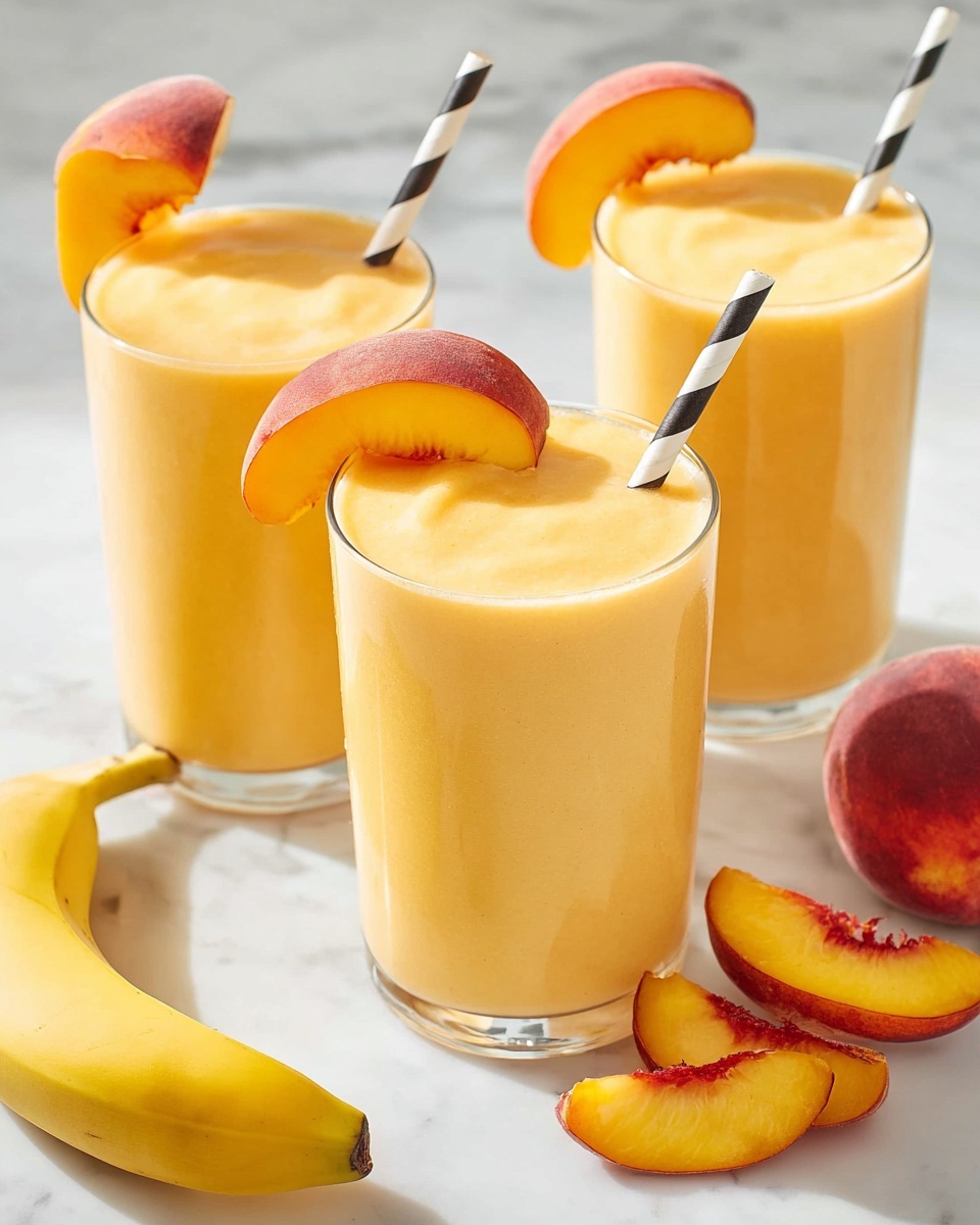 Three tall clear glasses filled with smooth, creamy orange-yellow peach smoothie are arranged on a white marbled surface. Each glass has a black-and-white striped straw sticking out from the top, with a fresh peach slice garnishing the rim. In the foreground, a ripe whole yellow banana lies on the surface, and beside the nearest glass are three peach slices placed neatly. The lighting is bright and natural, highlighting the creamy texture of the smoothies and the fresh fruit colors photo taken with an iphone --ar 4:5 --v 7