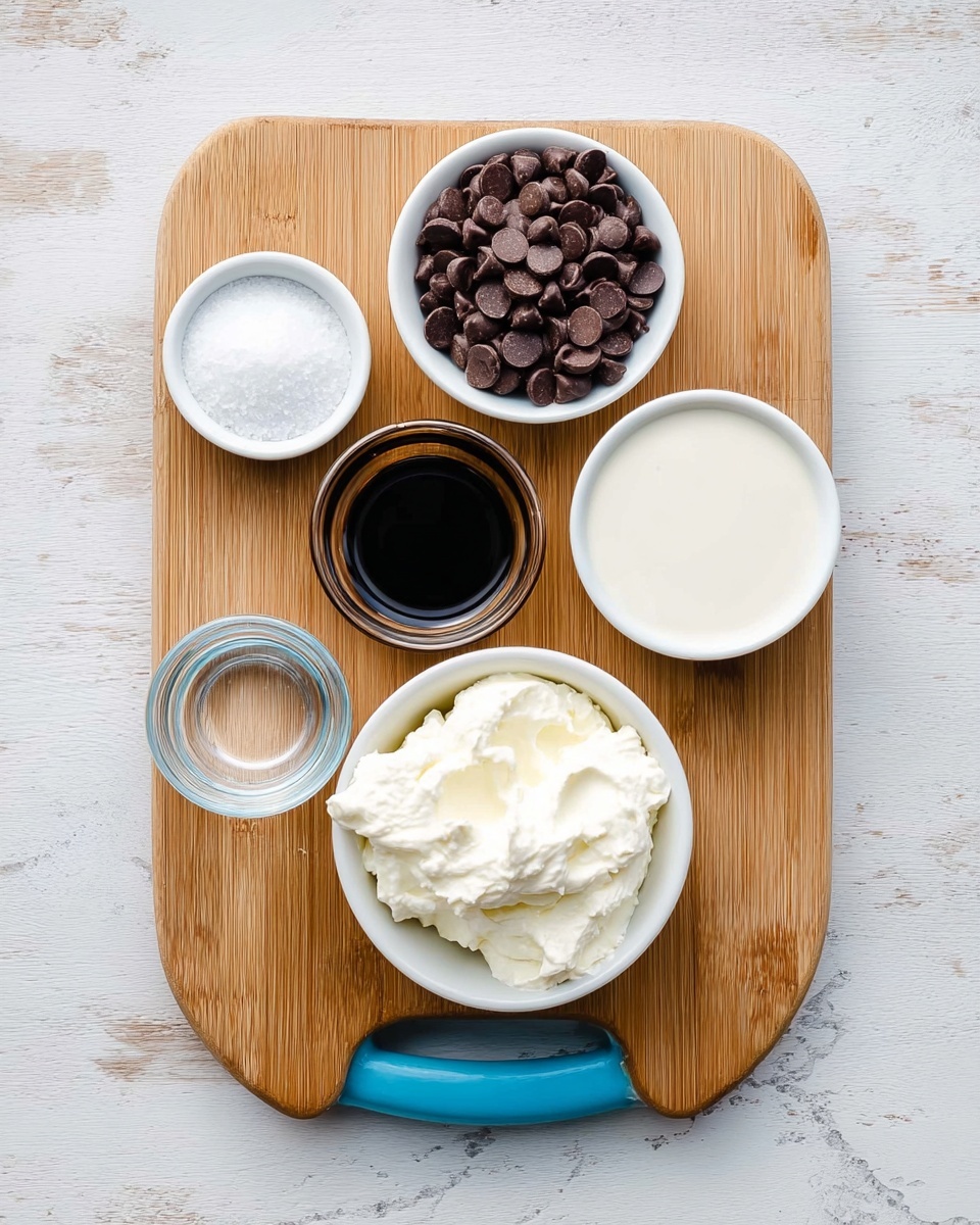 The image shows five small white bowls placed on a light wooden board with a blue handle on the right side, all on a white marbled surface. The largest bowl holds a thick, white creamy substance with a smooth and slightly uneven texture. Surrounding it are four smaller bowls: one filled with smooth white granulated sugar, another with a dark liquid, a third with smooth white cream, and the last one with small, round dark chocolate chips. The arrangement is neat and simple, with each ingredient clearly visible, highlighting their different textures and colors. Photo taken with an iphone --ar 4:5 --v 7