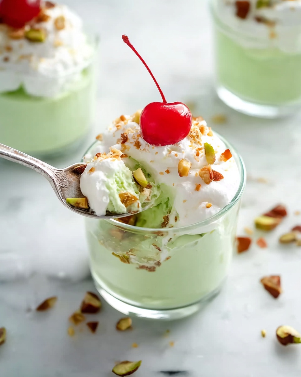 The image shows a clear glass cup filled with three main layers: a pale green creamy pudding at the bottom, topped with a thick, white whipped cream layer in the middle, and a bright red cherry with a stem sitting on top. Small chopped nuts are sprinkled lightly on the whipped cream and some pieces fall around the cup on the white marbled surface. A silver spoon is scooping a bite that has all three layers with some nuts on the scoop. Other cups with the same dessert can be seen blurred in the background. Photo taken with an iphone --ar 4:5 --v 7