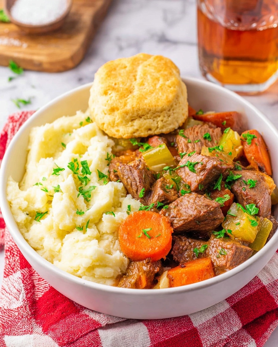 A white bowl filled with three main layers: on the left, creamy mashed potatoes with a smooth, soft texture; leaning against the mashed potatoes is a thick, golden biscuit with a slightly rough surface; on the right, a mixture of tender beef chunks with a brown color, bright orange carrot slices, and light green celery pieces, all topped with small sprinkles of fresh green parsley. The bowl sits on a red and white checkered cloth on a white marbled surface, with a glass of amber-colored drink blurred in the background. photo taken with an iphone --ar 4:5 --v 7