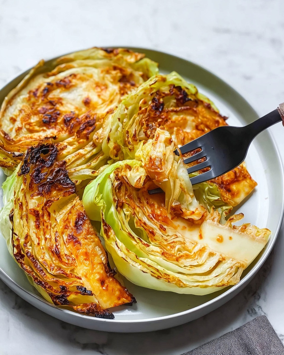 The image shows a white plate holding three thick slices of cooked cabbage, each charred and browned on the edges with a crispy texture. The cabbage layers are light yellow inside with a burnt orange color on the surface from cooking. A black fork is stuck into the front cabbage slice, lifting some soft inner leaves that look tender and juicy. The plate is placed on a white marbled surface, giving a clean and fresh background to the warm-colored cabbage. Photo taken with an iphone --ar 4:5 --v 7