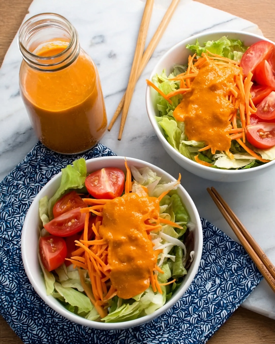 The image shows two white bowls on a white marbled surface, each filled with fresh salad including light green lettuce, bright orange shredded carrots, and red tomato wedges on top. The salad is dressed with a thick, chunky orange sauce spread over the vegetables. Next to the bowls, there is a clear glass bottle filled with the same orange dressing. The scene includes a blue and white patterned cloth underneath the bowls. There are also wooden chopsticks resting near the bowls on the white marbled surface. Photo taken with an iphone --ar 4:5 --v 7