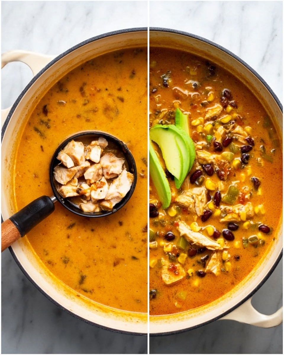 The image shows a large white pot filled with a thick orange soup-like dish on a white marbled surface. On the left side, a black ladle lifts diced white chicken pieces with some browned edges from the creamy orange liquid. On the right side, the orange soup contains visible chunks of chicken, yellow corn kernels, black beans, and green pieces resembling peppers or vegetables. Three slices of green avocado sit neatly on the surface near the pot's edge, and a wooden spoon rests inside the pot. Photo taken with an iphone --ar 4:5 --v 7