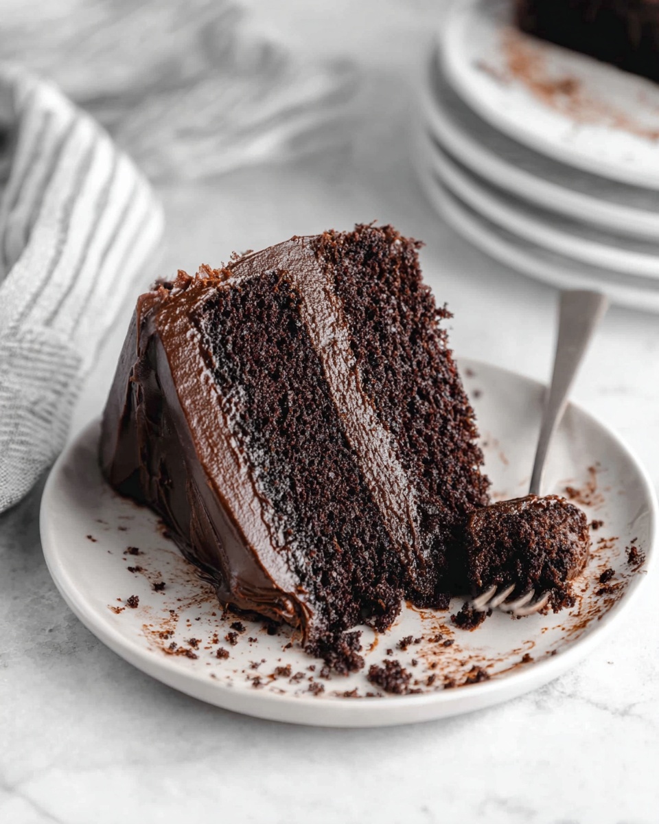 A slice of dark brown chocolate cake with two thick layers is placed on a white plate. Between the layers and covering the outside is a smooth, shiny dark chocolate frosting. Some crumbs and smudges of frosting spread around the plate. A silver fork lies next to the cake, with a piece of the cake on its tines. The scene is set on a white marbled surface with a soft cloth with gray stripes visible to the side and a stack of white plates in the background. photo taken with an iphone --ar 4:5 --v 7