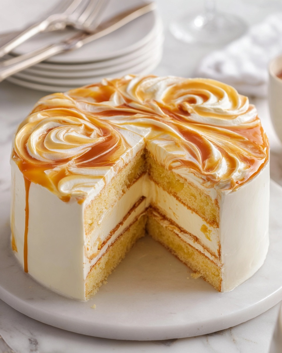The image shows a three-layer round cake with light yellow sponge layers separated by thin layers of white cream filling. The entire cake is covered with smooth white frosting around the sides and top. On the cake top, thick swirls of creamy white frosting are lightly mixed with glossy caramel sauce, creating a marbled effect with shiny swirls of light brown and golden color. One slice is partially pulled out, showing the soft texture of the cake layers and creamy filling inside. The cake is placed on a white marble surface with some stacked white plates and silver cutlery blurred in the background. Photo taken with an iphone --ar 4:5 --v 7