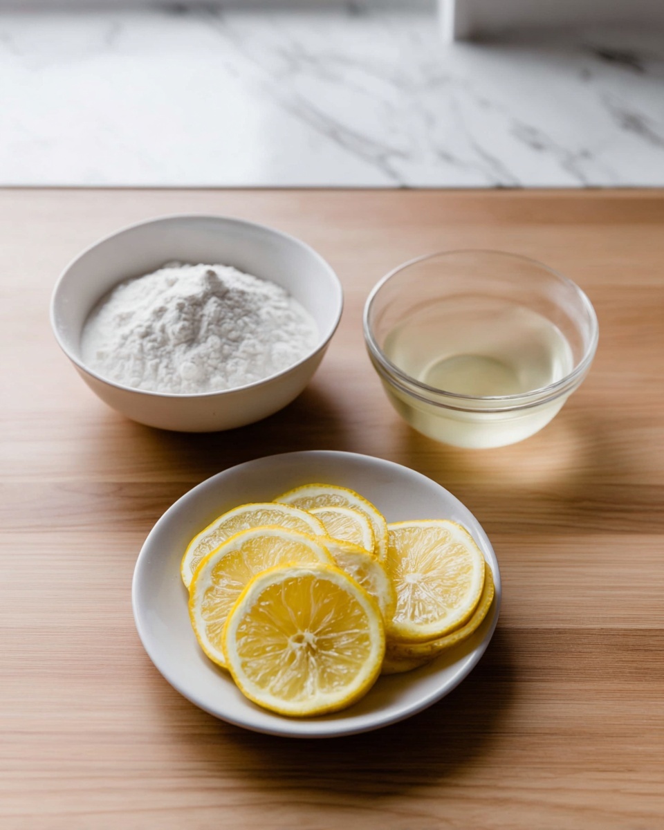 The image shows three small white dishes on a wooden surface with a white marbled background. One white bowl is filled with a white powder piled high. A small clear glass bowl next to it contains a pale yellow liquid. In the foreground, a shallow white plate holds seven thin lemon slices arranged in a round, slightly overlapping pattern. The colors are soft and natural, with the bright yellow lemon slices standing out against the neutral tones. Photo taken with an iphone --ar 4:5 --v 7