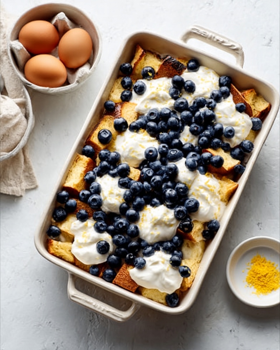 The image shows a rectangular baking dish filled with a layered dessert. At the bottom, there are uneven pieces of golden-brown bread or cake, topped with small dollops of white cream spread across the surface. Scattered over the cream are fresh blueberries, evenly spread across the dish in clusters. The dish rests on a white marbled surface with a bowl of eggs and a small bowl with yellow zest or seasoning nearby. Photo taken with an iphone --ar 4:5 --v 7