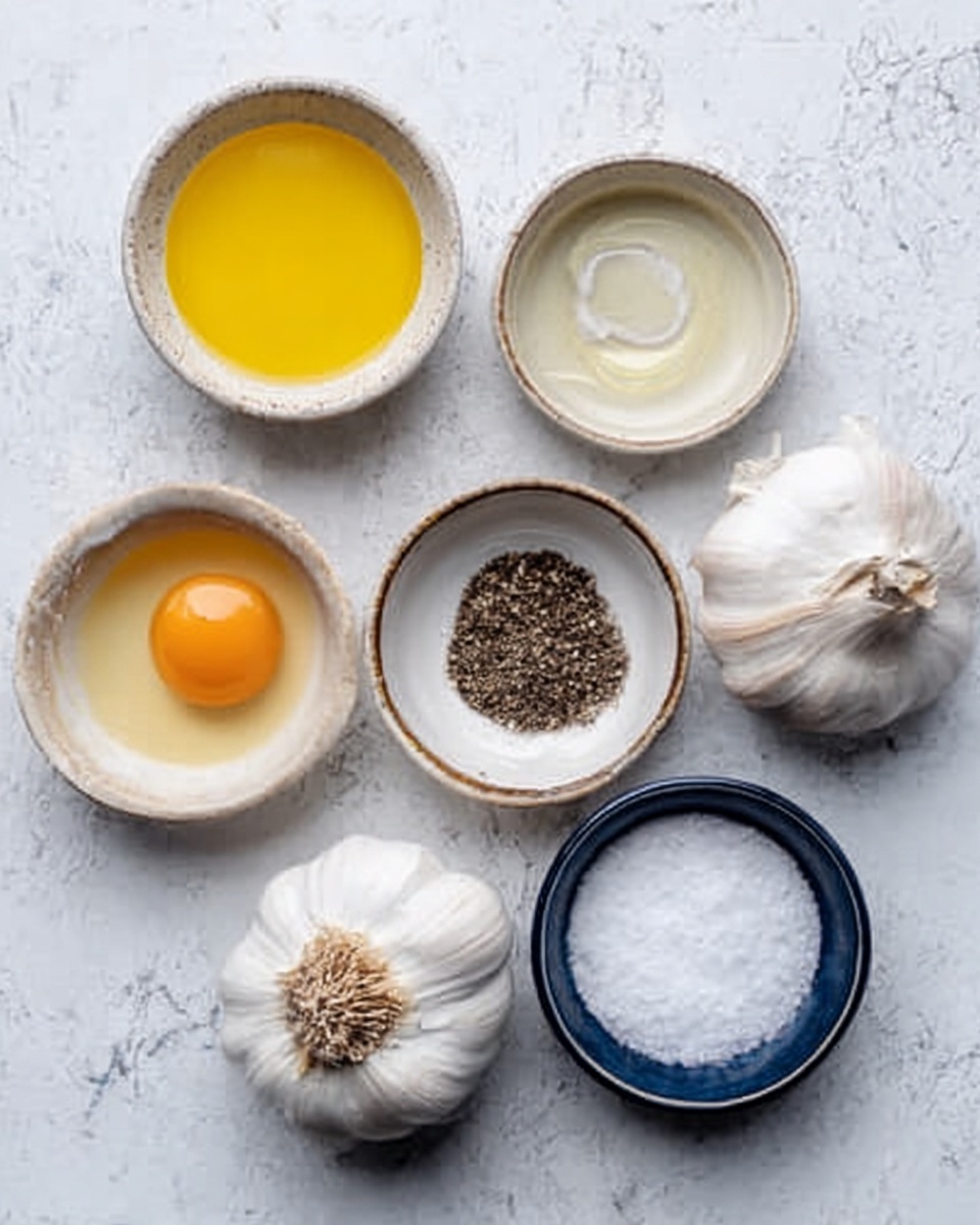The image shows six small white bowls and two whole garlic bulbs arranged on a white marbled surface. One bowl holds a yellow creamy sauce, another contains a raw brown egg, a third has a small amount of crystal-clear liquid, while a fourth bowl is filled with coarse black pepper. A fifth bowl contains white granulated salt, and the sixth bowl, which is navy blue inside with a white rim, holds white granulated sugar. The two garlic bulbs lie on the surface near the bowls, with their white papery skins visible. Photo taken with an iphone --ar 4:5 --v 7