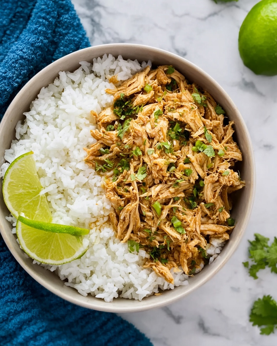 A bowl filled with two main layers is shown from above. The bottom layer is a bed of white rice, spread evenly around the bowl, while the top layer has shredded cooked chicken mixed with small green pepper pieces and garnished with fresh cilantro leaves, adding a pop of green. Two lime halves are placed on the side of the rice inside the bowl, adding a fresh look. The bowl is white with a dark speckled interior, sitting on a white marbled surface with some green cilantro and limes nearby, and a blue cloth on the right side. Photo taken with an iphone --ar 4:5 --v 7
