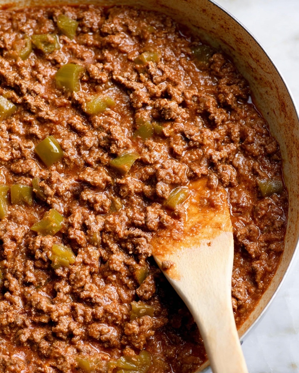 A close-up view of a thick, finely ground brown meat sauce cooked with small chunks of green bell pepper, showing a textured mix of soft, crumbly meat and tender vegetable pieces. A light wooden spatula is partially visible on the right side, resting inside the sauce with its flat end coated in sauce, and the whole scene is set against a white marbled textured background. photo taken with an iphone --ar 4:5 --v 7