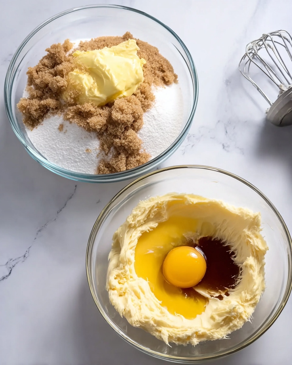 The image shows two clear glass bowls placed side by side on a white marbled surface. The bowl on the left contains layers of white granulated sugar covering the bottom, light yellow softened butter sitting on top mixed lightly, and scattered uneven clumps of brown sugar on top of the butter. The bowl on the right contains a creamy, light beige butter and sugar mix thickly spread around the edges with a bright yellow egg yolk and dark brown vanilla extract sitting neatly in the center. A metallic hand mixer is partially visible in the top right corner of the right bowl. Photo taken with an iphone --ar 4:5 --v 7