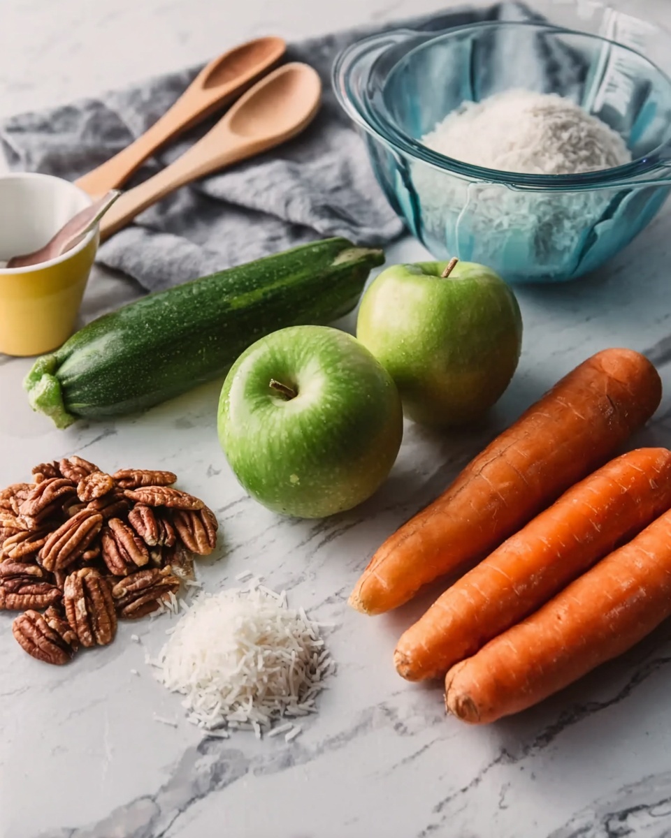 The image shows a group of ingredients laid out on a white marbled surface. From left to right, there are brown pecans in a small pile with their rough texture, two small green zucchinis with smooth skin next to them, a bright green apple with a shiny surface in the center, and two orange carrots with slightly rougher texture lying side by side. To the right of the carrots is a small mound of white shredded coconut with a fine, fluffy texture. In the background, there is a clear glass mixing bowl with a blue bowl inside it, and a small yellow cup beside the bowls. Two wooden spoons rest on a gray cloth further back. The lighting is natural and soft, highlighting the colors and textures of the ingredients. photo taken with an iphone --ar 4:5 --v 7