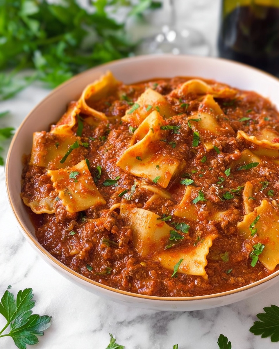 A white bowl filled with a thick reddish-brown meat sauce mixed with wide, flat lasagna noodles that have ruffled edges, layered throughout and floating in the rich sauce. Small green parsley leaves are scattered on top, adding a fresh touch. The bowl is placed on a white marbled surface with some green parsley leaves around it and an out-of-focus bottle in the background. Photo taken with an iphone --ar 4:5 --v 7