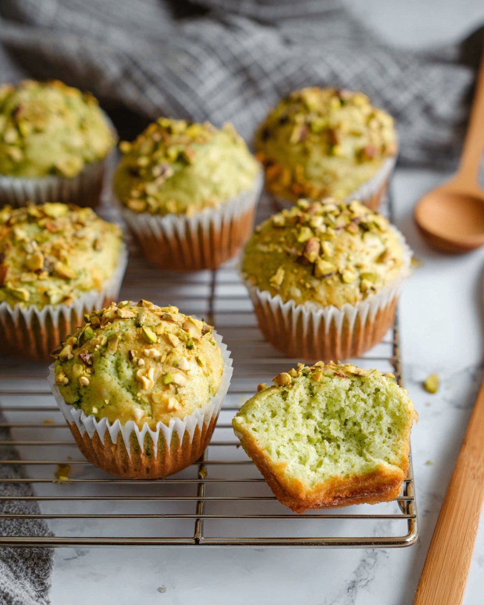 The image shows six muffins with a light green color topped with chopped nuts, likely pistachios, giving a crunchy texture on top. The muffins are in white paper liners and placed on a metal cooling rack over a white marbled surface. One muffin is partially eaten, revealing a soft and moist interior with the same light green color inside. In the background, there is a wooden spoon and a gray checkered cloth, adding a cozy kitchen feel. The lighting is natural, highlighting the texture and colors of the muffins. Photo taken with an iphone --ar 4:5 --v 7