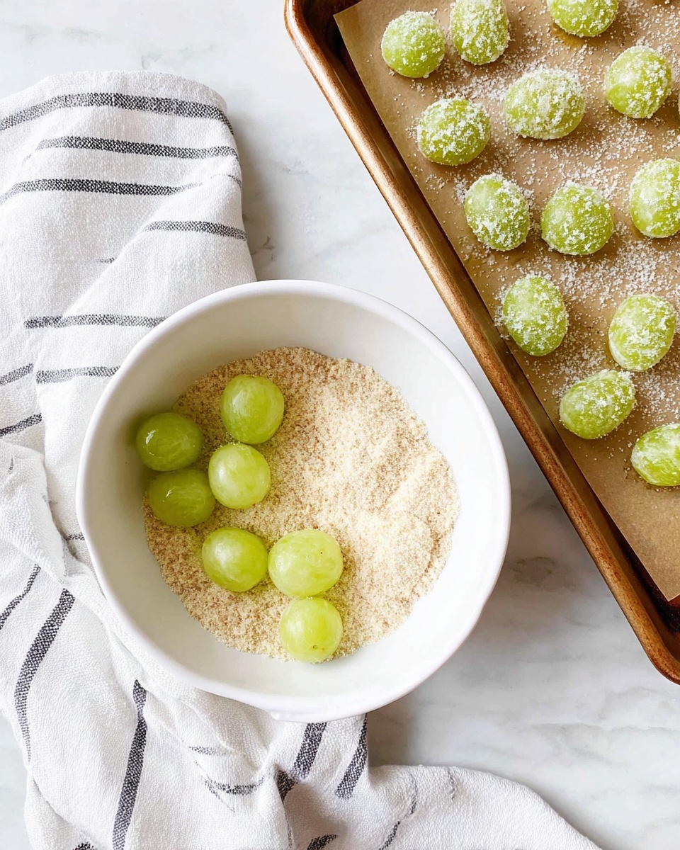 The image shows a white bowl filled with a light beige powder and fresh green grapes resting on top inside the bowl. Next to it on the right side, there is a baking tray lined with brown parchment paper, holding several green grapes coated in granulated sugar, arranged in rows. Underneath the bowl, a white cloth with thin black horizontal stripes is casually placed on a white marbled surface. photo taken with an iphone --ar 4:5 --v 7