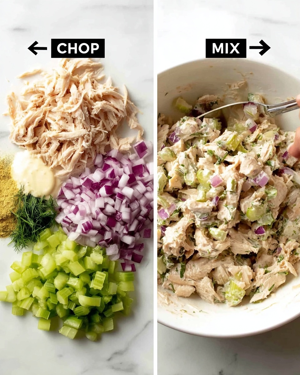 The image shows two side-by-side photos of a chicken salad preparation on a white marbled surface. On the left, there are four layers of ingredients arranged in separate piles: shredded light-colored chicken on the top left, chopped red onion with purple and white pieces on the top right, small cubes of bright green celery on the bottom right, and a mix of creamy white mayonnaise, yellow mustard, and fresh green dill on the bottom left. A black label with the word