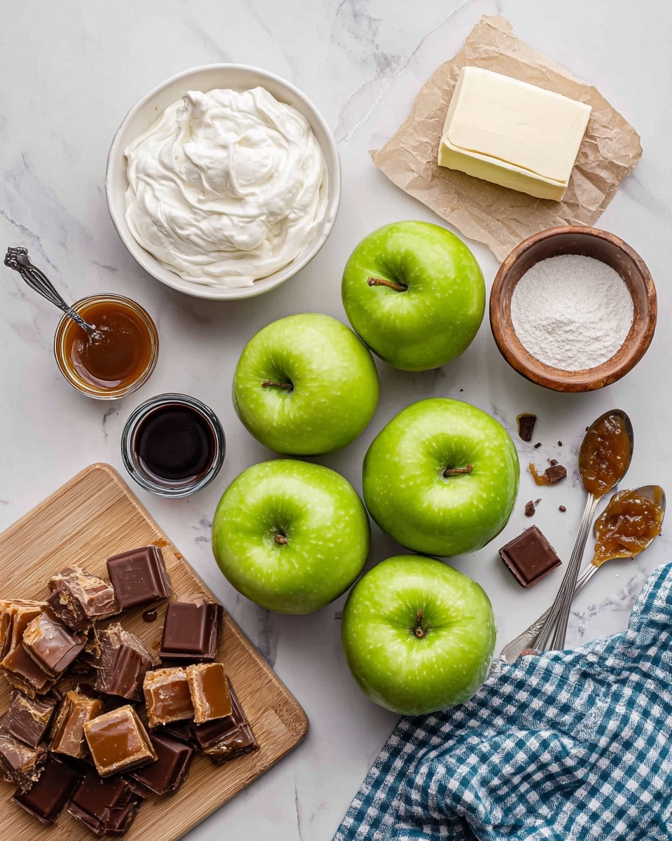 The image shows seven bright green apples arranged in a cluster on a white marbled surface. Around the apples, various ingredients are placed: a round white bowl filled with thick white cream is at the top left, next to a block of cream cheese with a smooth texture. To the right, a small wooden bowl contains powdered sugar with a fine texture. Near the bottom left, there is a wooden cutting board with chopped chocolate and caramel pieces alongside whole chocolate bars. A small glass holds dark vanilla extract above the board, and two spoons with dark and light caramel sauces are placed next to a blue and white checkered cloth on the right. Small pieces of chocolate candy are scattered lightly around the items. photo taken with an iphone --ar 4:5 --v 7