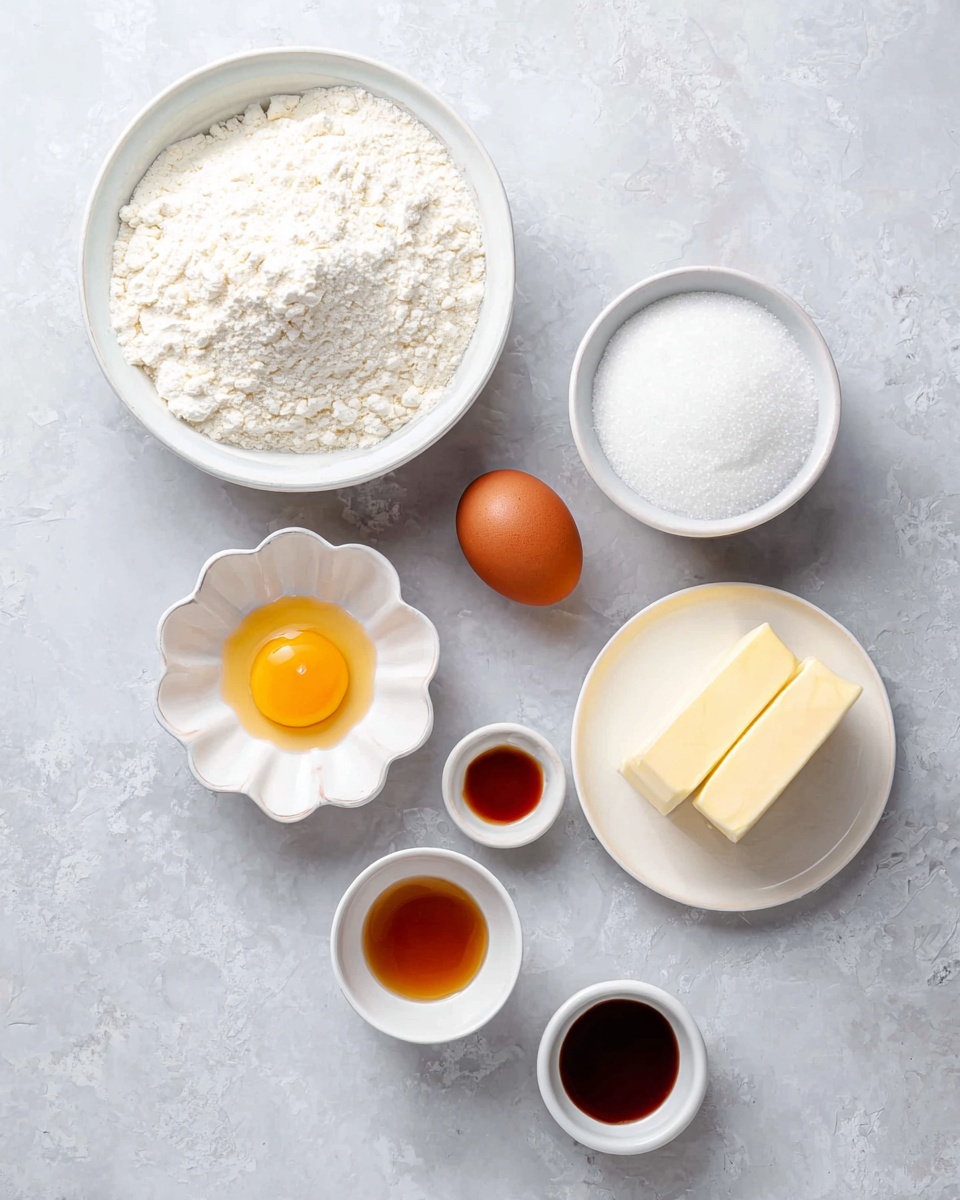 The image shows seven small white bowls and plates arranged on a white marbled surface, each holding a different baking ingredient. At the top left is a bowl full of white flour with a fine, powdery texture. To the top right is a bowl filled with white granulated sugar. Below the flour is a small white bowl with a bright yellow egg yolk inside, beside a whole brown egg resting directly on the surface. To the right, a white plate holds two sticks of pale yellow butter with a smooth, creamy texture. Below the egg are two bowls, one with white powder that looks like baking soda and the other with white granulated salt. At the bottom right, a small bowl holds a dark amber liquid, likely vanilla extract. All items are spaced apart clearly, creating a neat and clean layout. Photo taken with an iphone --ar 4:5 --v 7