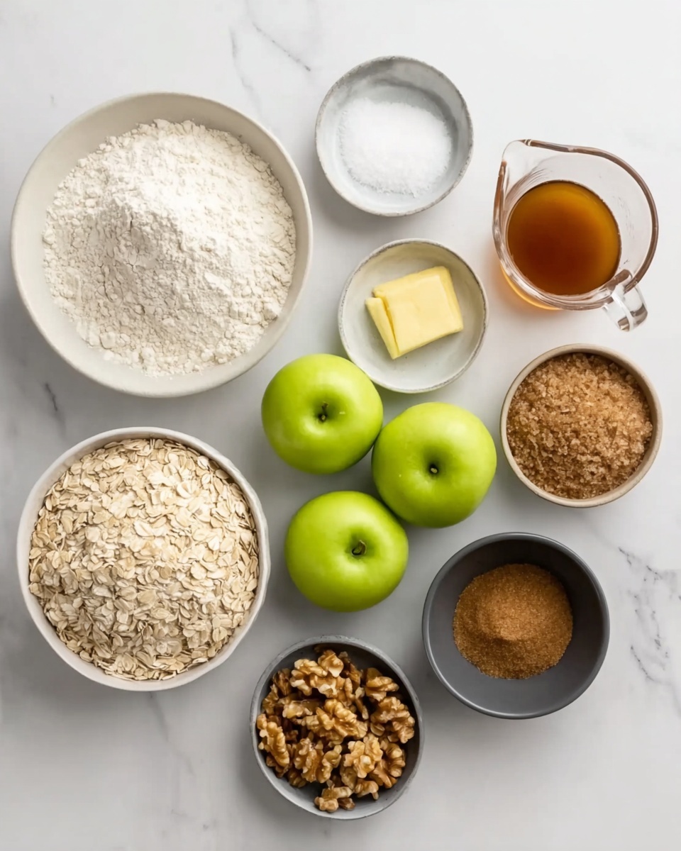 The image shows eight bowls and a small pitcher arranged neatly on a white marbled surface. From left to right, there is a large white bowl filled with white flour, a small white bowl with salt, and a small white bowl with coarse salt. Below, there is a small white bowl filled with chopped walnuts and next to it, a large white bowl with bright green apples. Below the apples, a large white bowl holds light-colored oats. To the right of the oats, a dark gray bowl holds brown sugar. A small clear pitcher contains melted butter, and next to the flour, a glass measuring cup is filled with a dark caramel-colored liquid. photo taken with an iphone --ar 4:5 --v 7