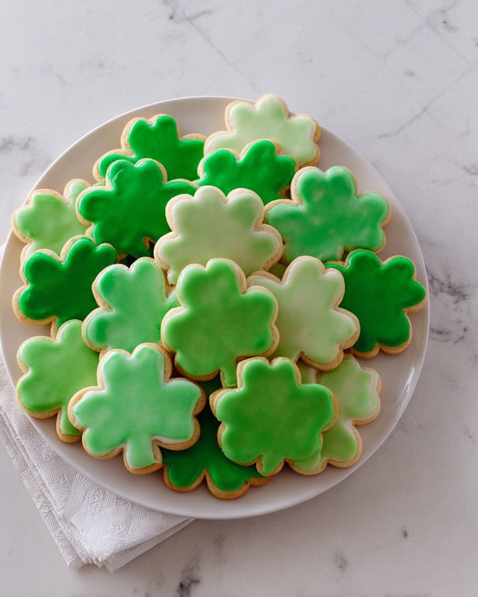 A white plate filled with many shamrock-shaped cookies, each covered with green icing in different shades from light to bright green, creating a layered look. The cookies have a smooth, shiny texture on top, with simple round edges and the green icing neatly following the shape of the shamrocks. The plate sits on a white marbled surface, and the cookies are placed close to each other, some slightly overlapping. photo taken with an iphone --ar 4:5 --v 7