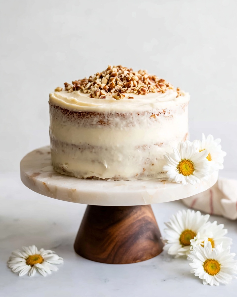 A two-layer cake with light brown sides slightly visible under a thin, creamy white frosting that covers the whole cake unevenly, topped with a pile of chopped nuts in the center. The cake sits on a round white marbled cake stand with a dark wooden pedestal base. White daisies are placed beside the cake on the stand and near the base on the white marbled surface. The background is plain white. photo taken with an iphone --ar 4:5 --v 7